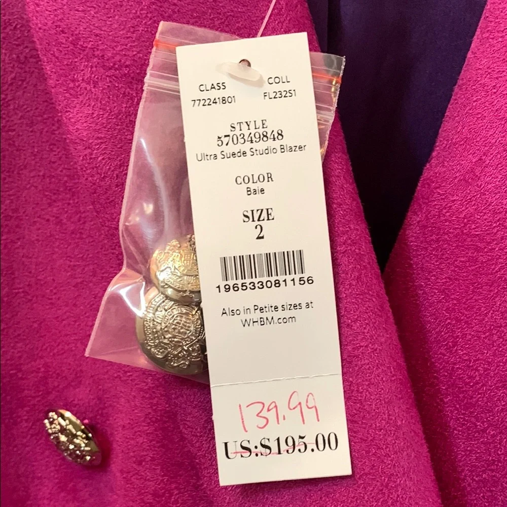 White House Black Market Magenta Ultra Suede Double-Breasted Trophy Blazer 2 - Picture 5 of 14